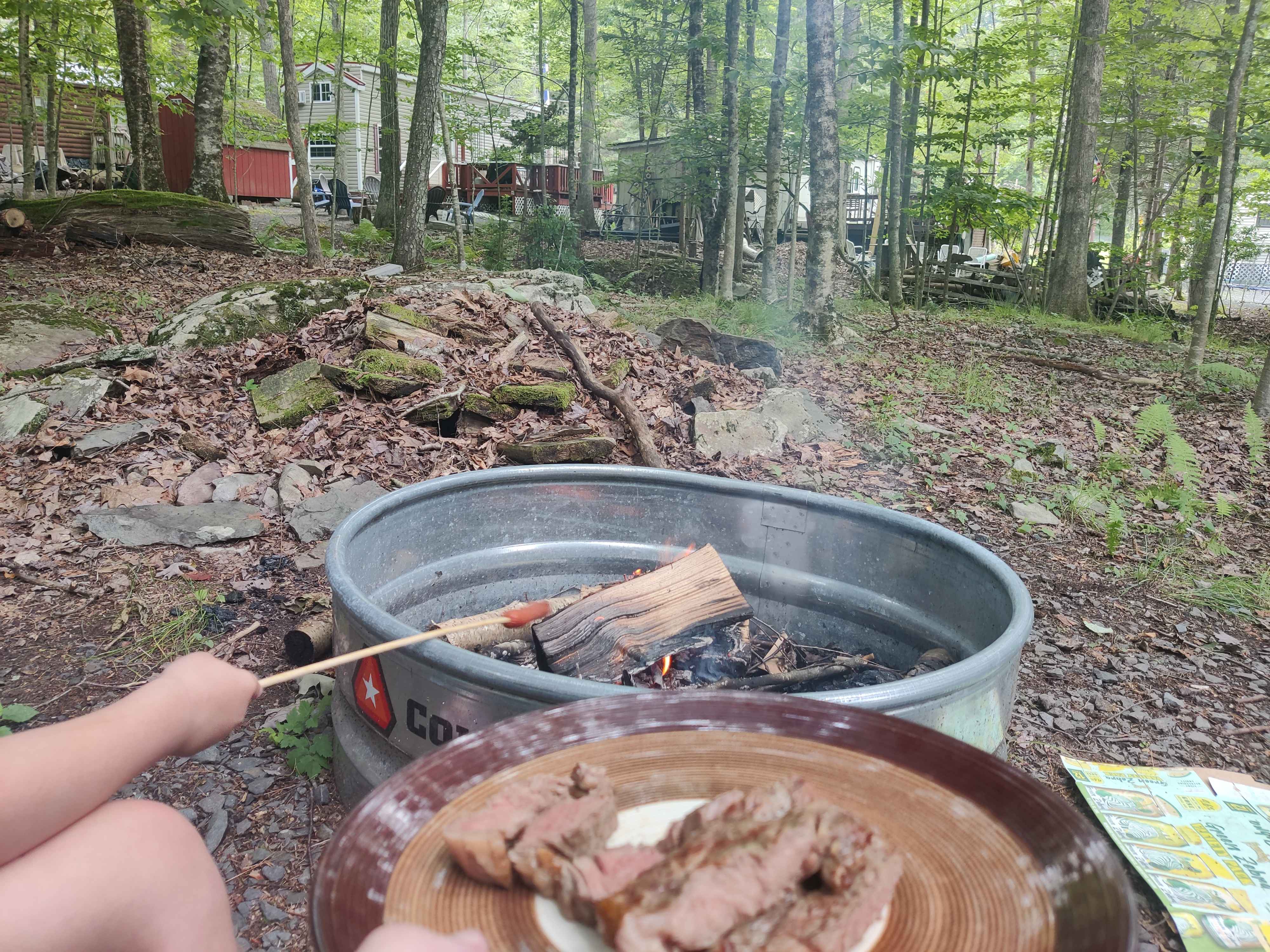 Steak and weenies over the fire