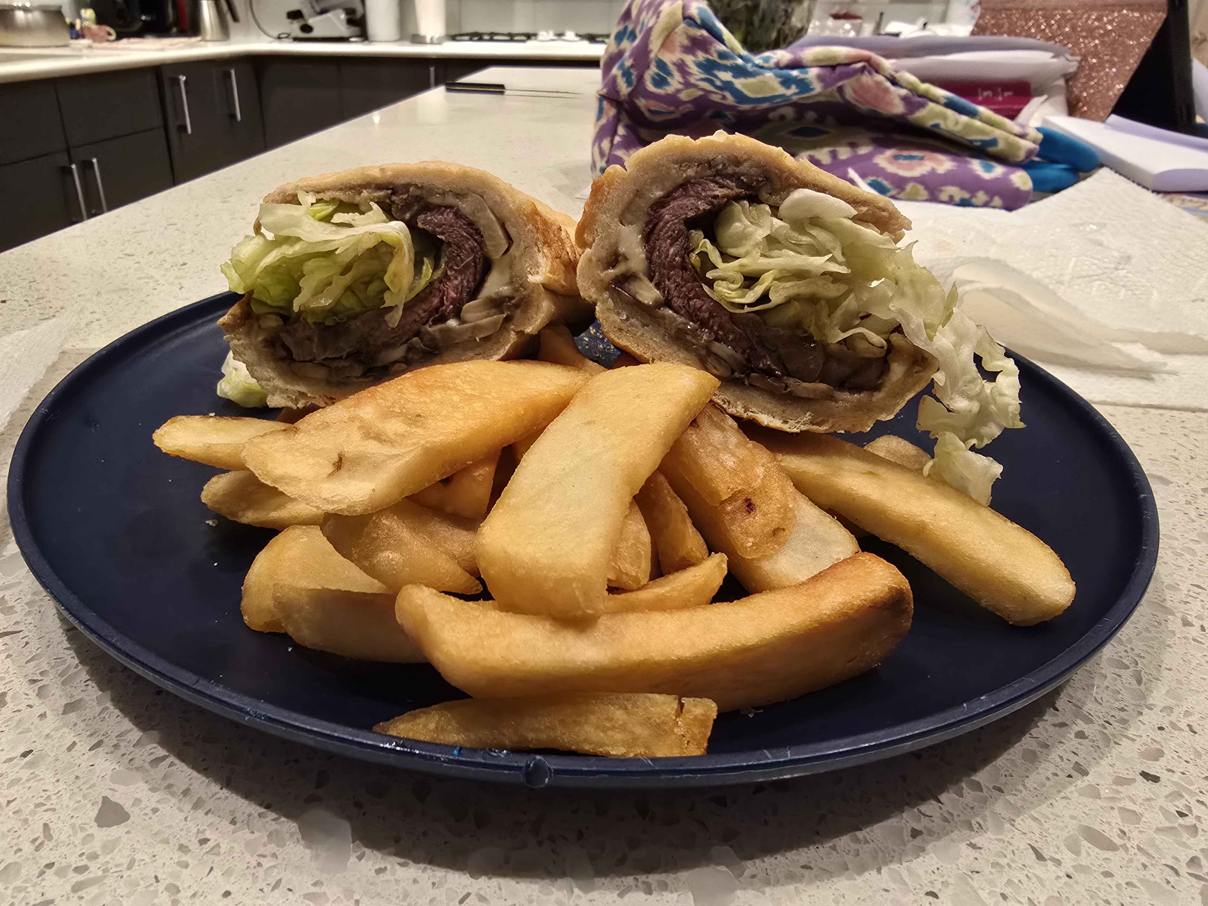 steak sandwich with fries