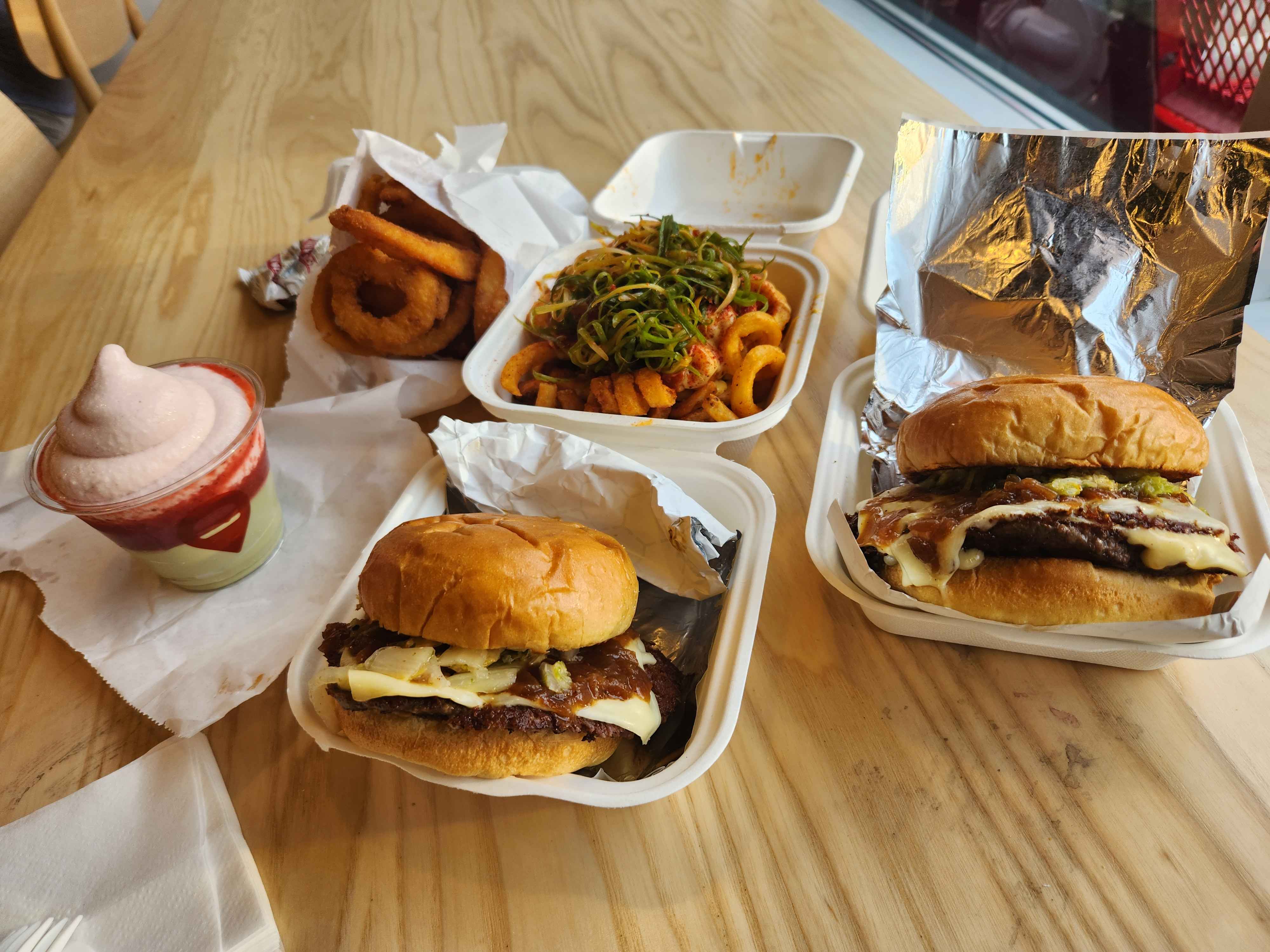 Burgers onion rings curly fries