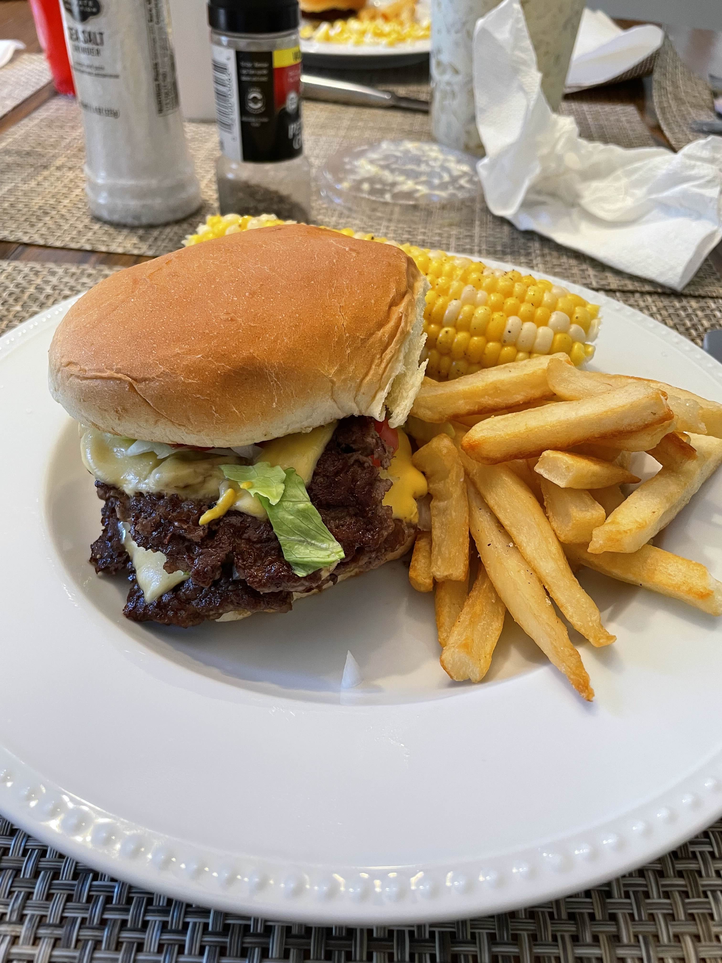 Cheeseburger fries corn