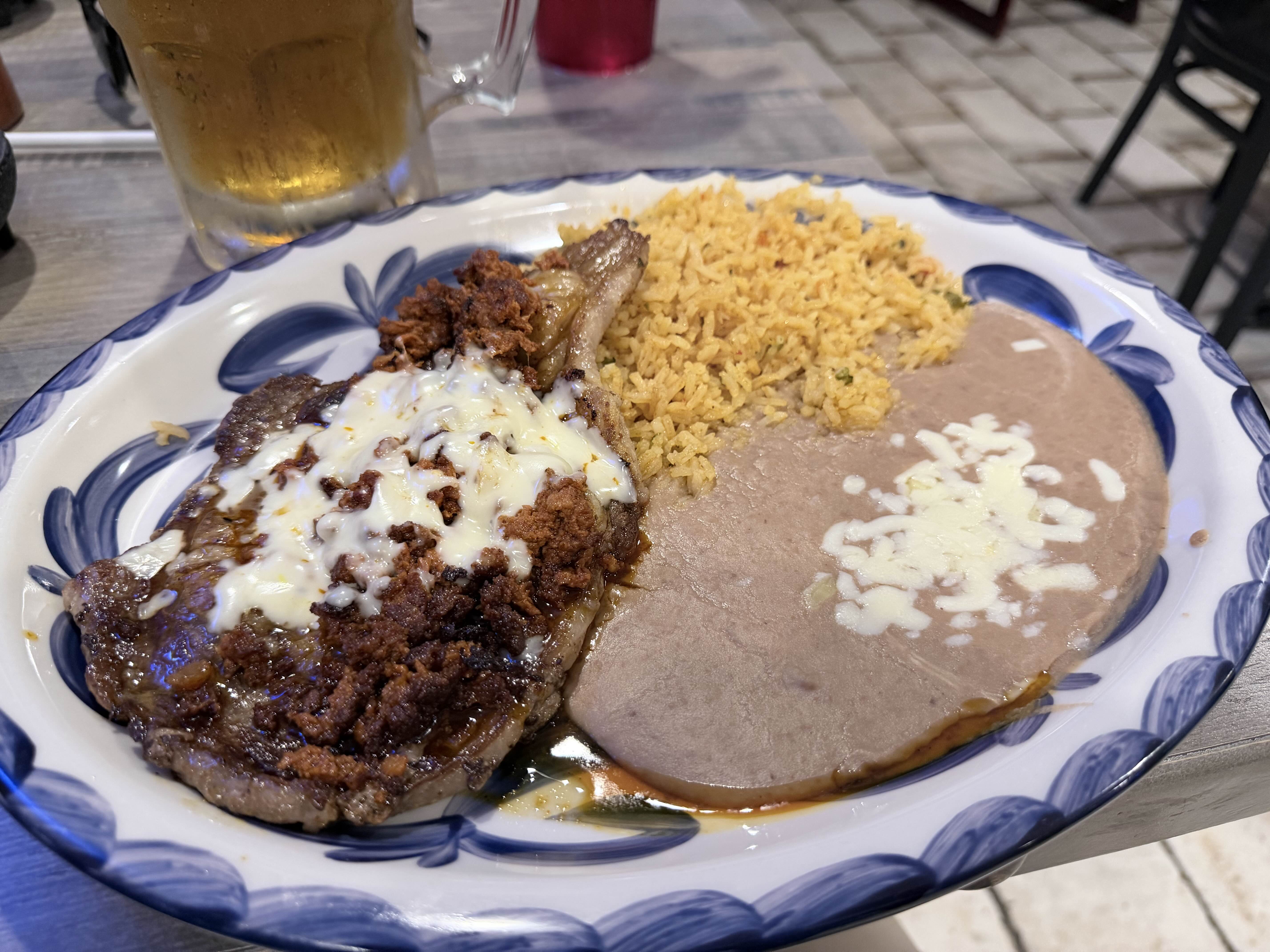 Mexican steak with rice and beans