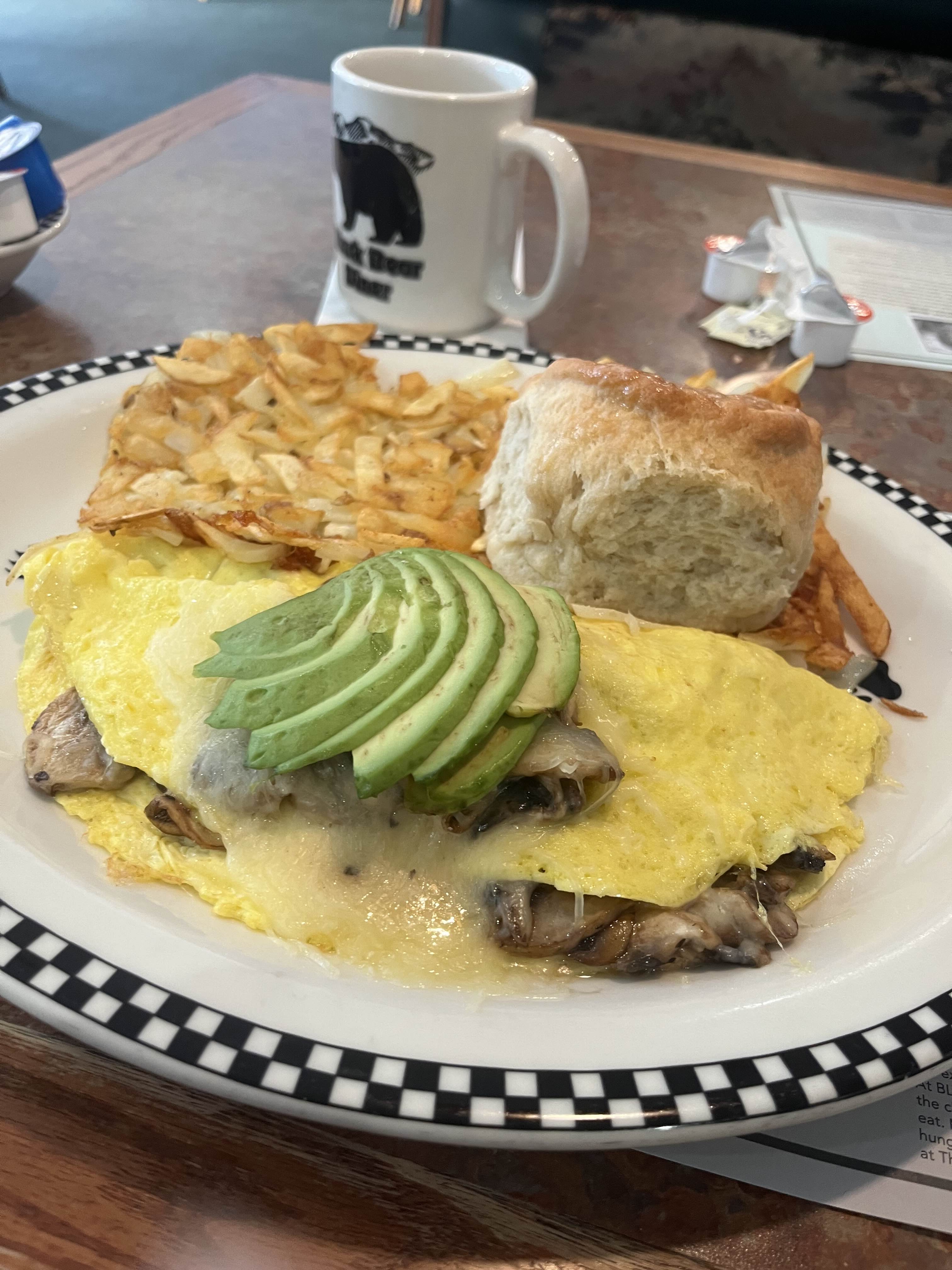 omelette with potatoes and biscuit