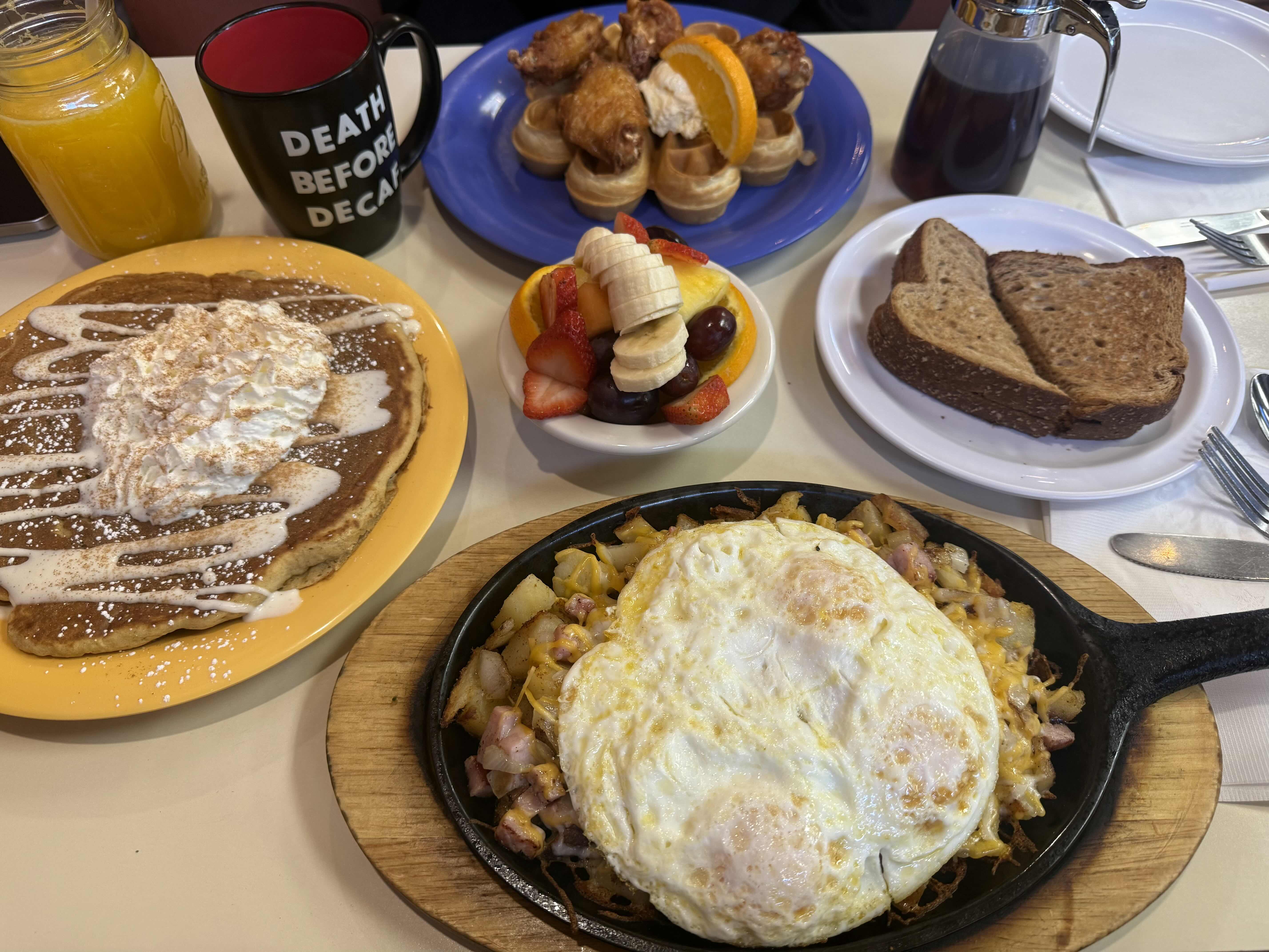 Editing:
“November”  pumpkin pancake is always a treat. 
First cup of coffee in a few weeks 
Ham and egg skillet