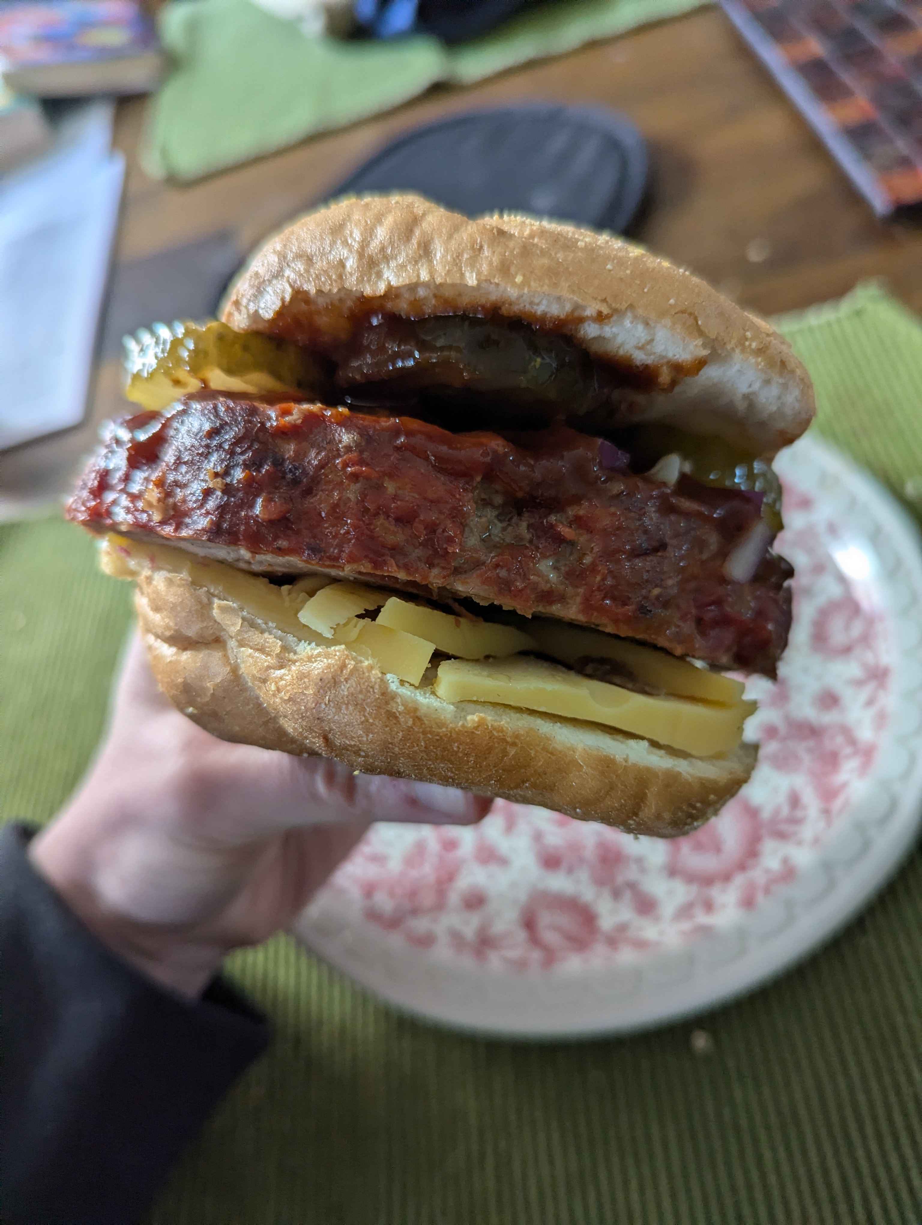 Leftover meatloaf, Gouda, BBQ sauce, red onion, pickles
