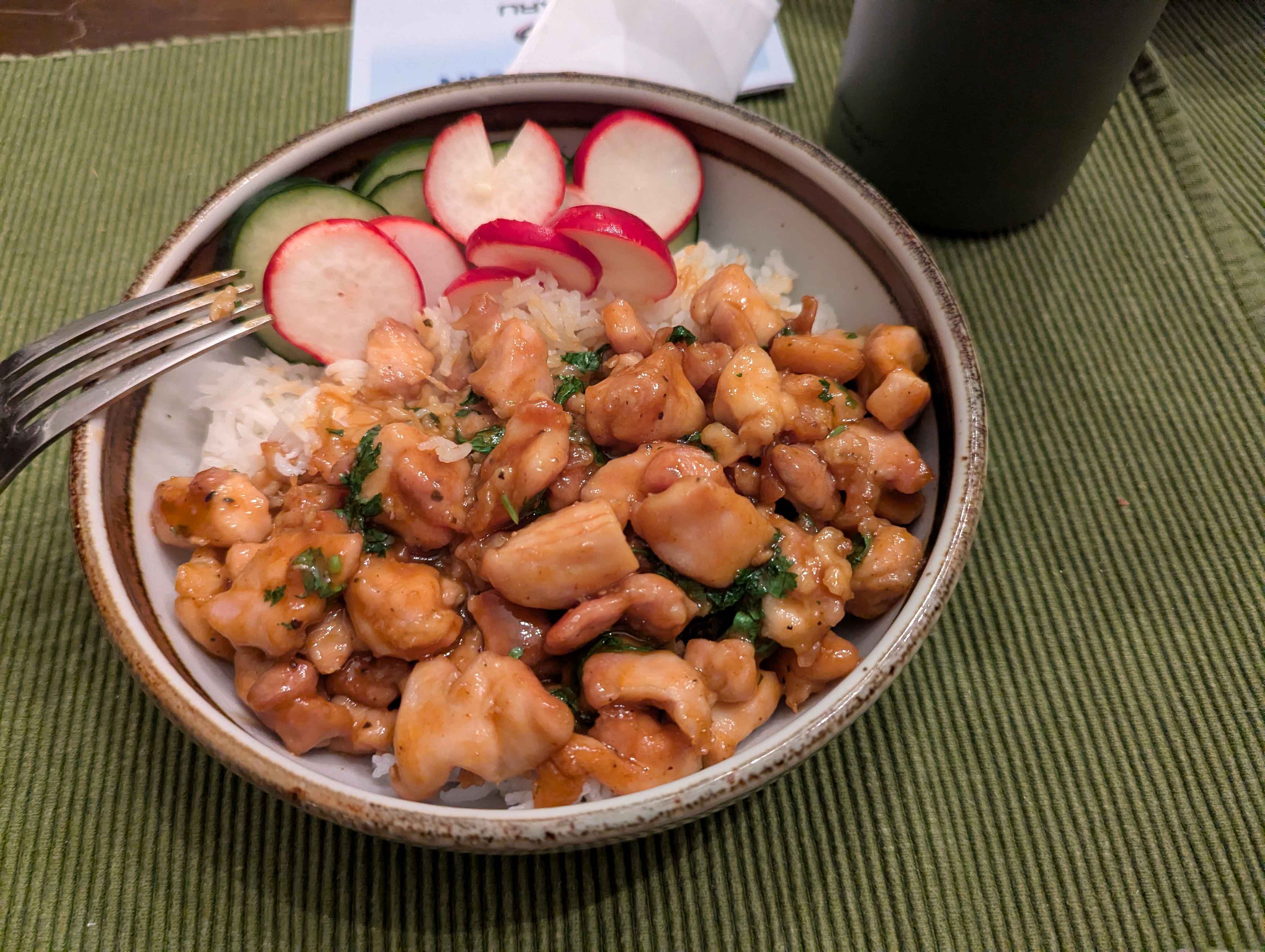 Peanut/hoisin/sriracha chicken with quick pickles