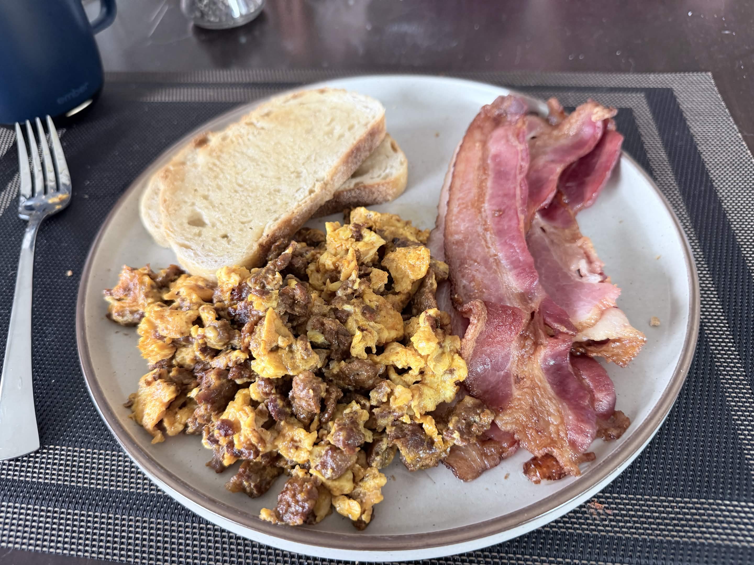 Scrambled eggs bacon toast