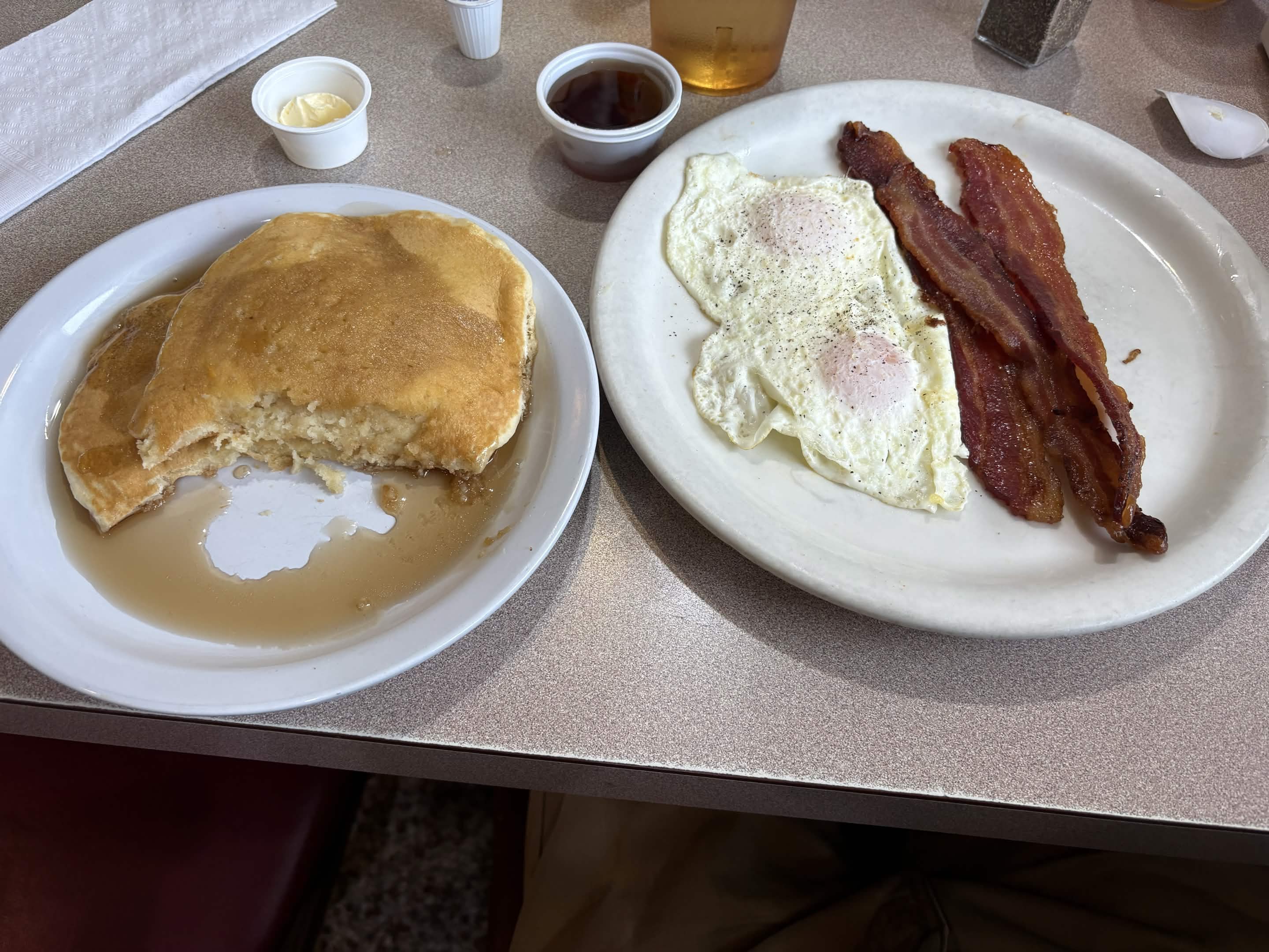 Pancakes eggs and bacon