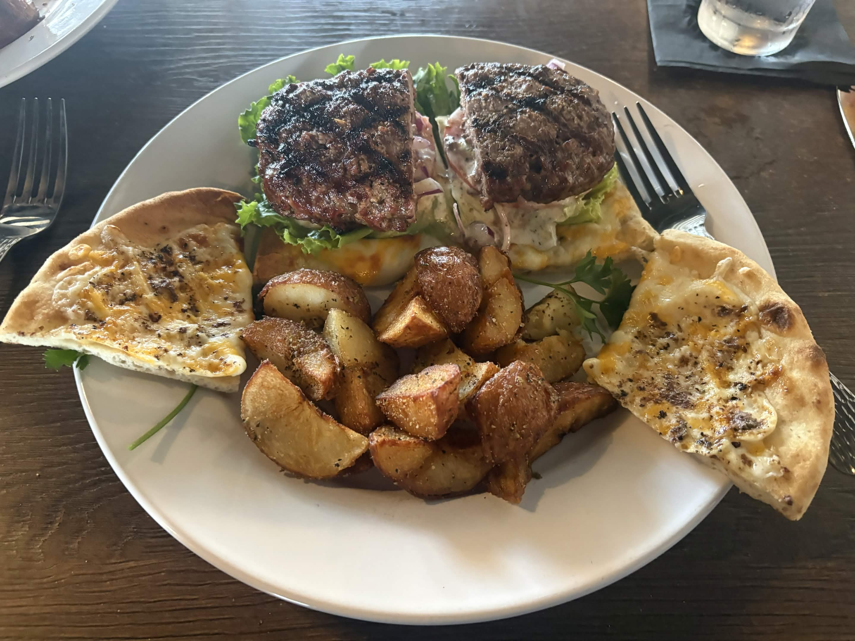 Burger with wedges and flatbread