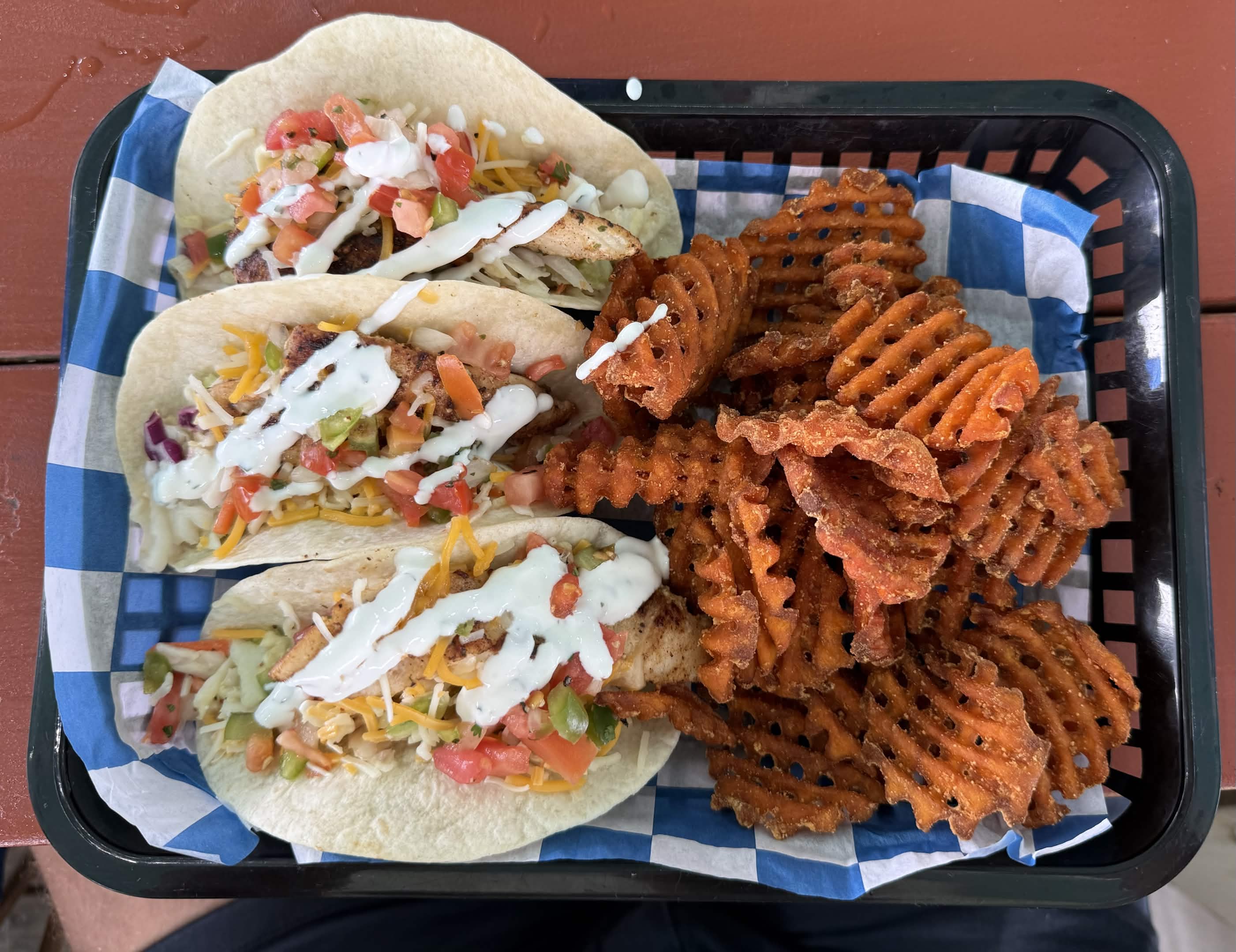 fish tacos and waffle fries (1)