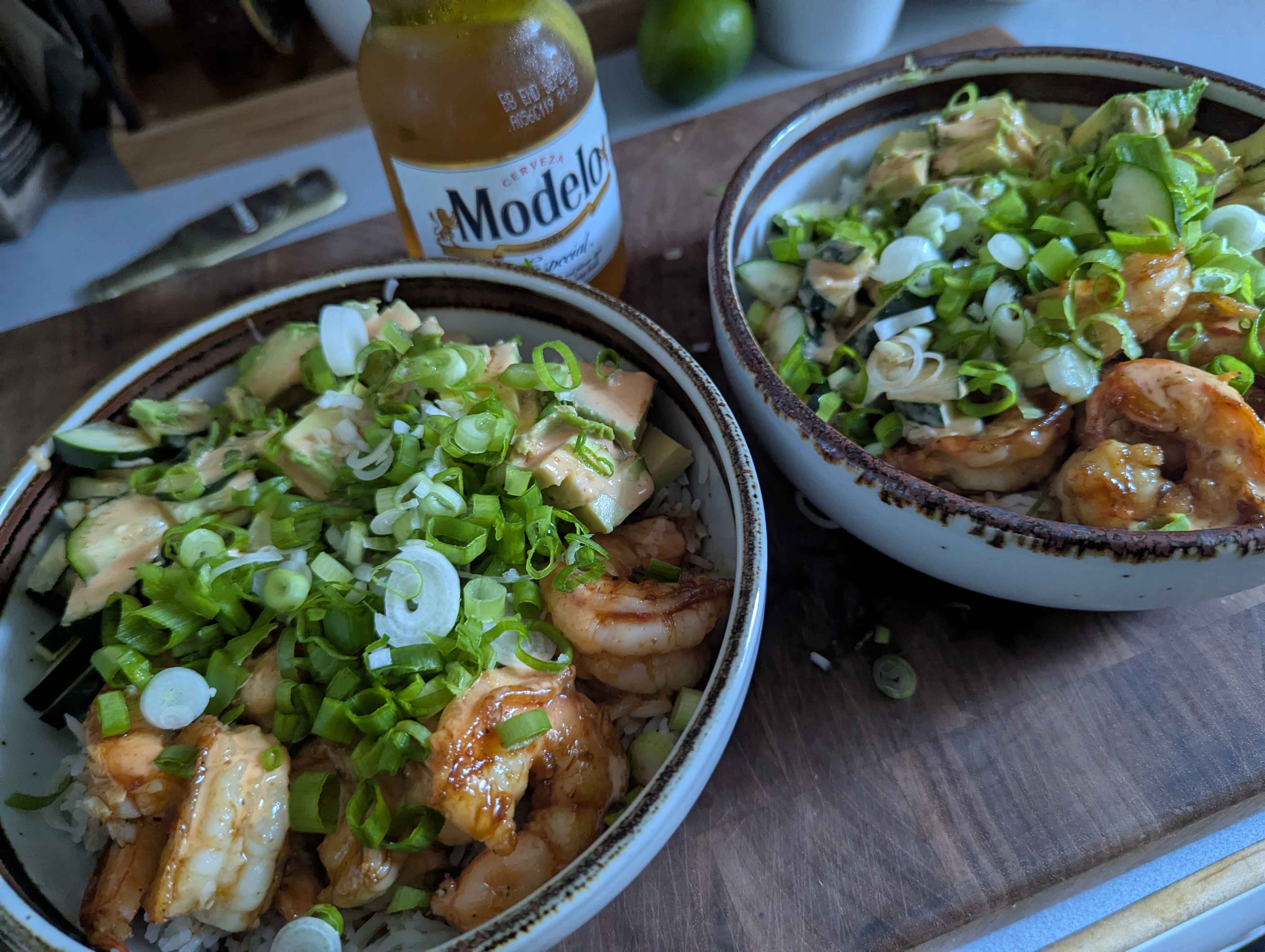 Shrimp rice bowl with avocado