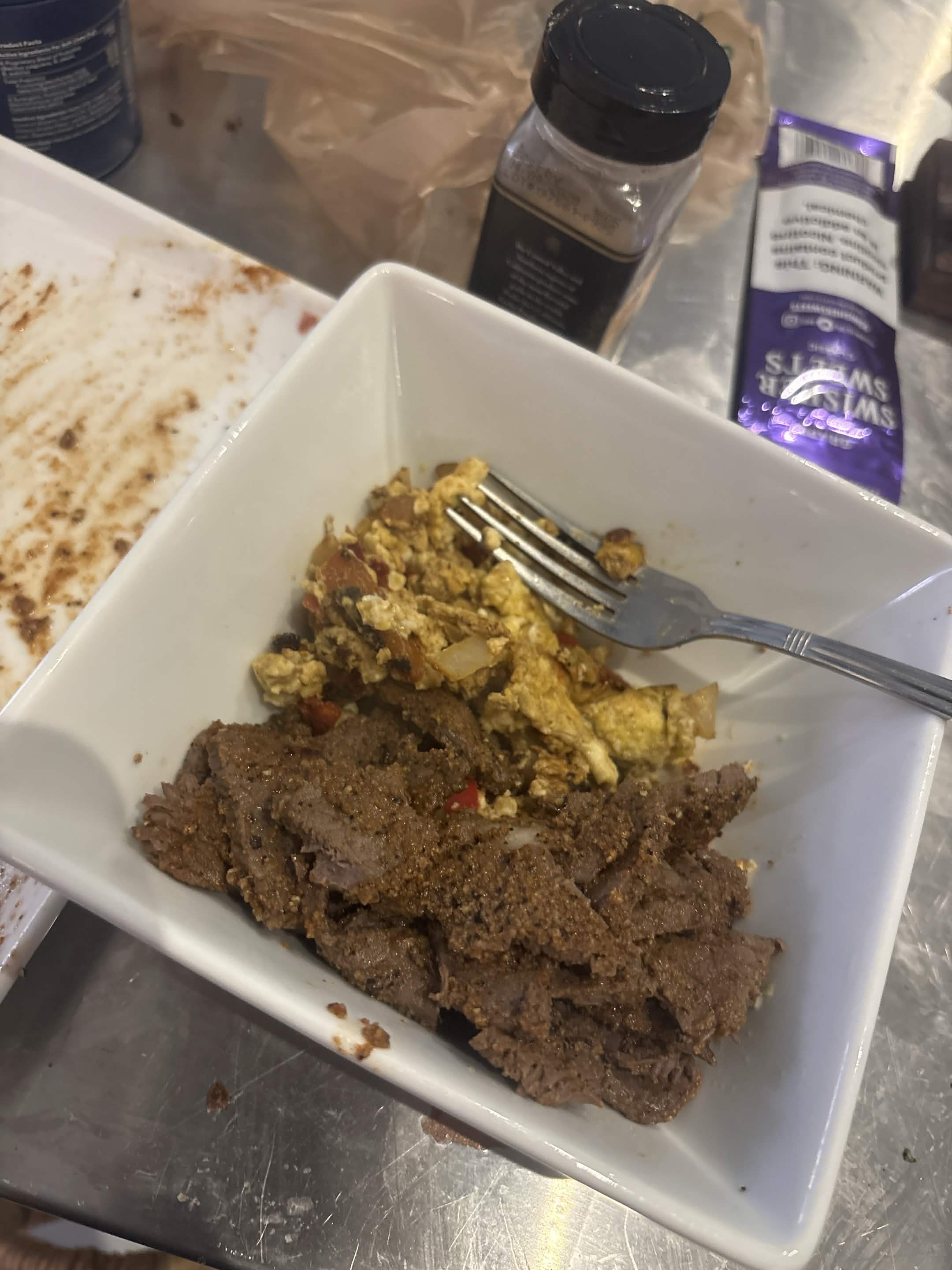 Scrambled eggs and gyro meat