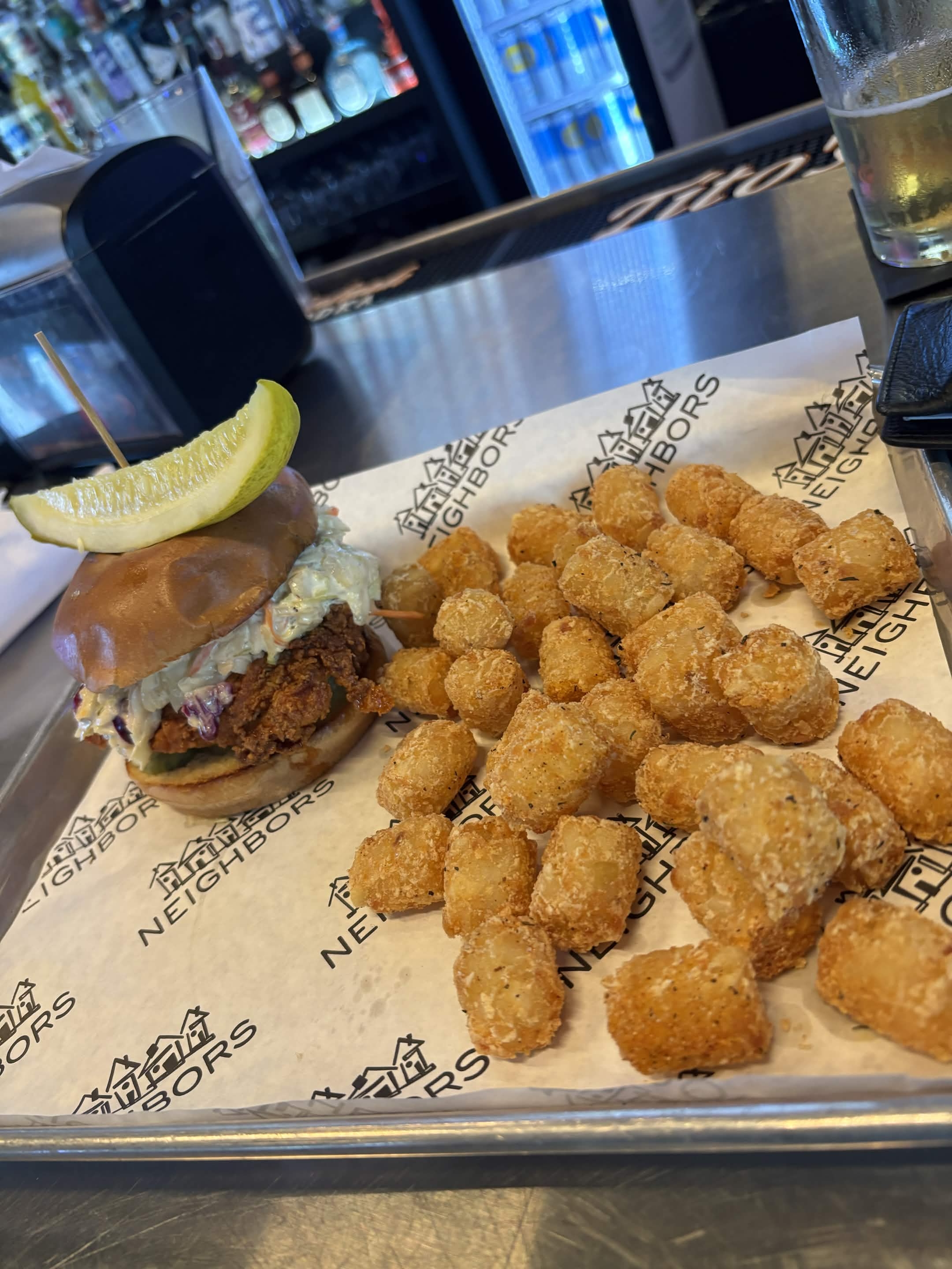 Fried chicken sandwich tater tots (3)