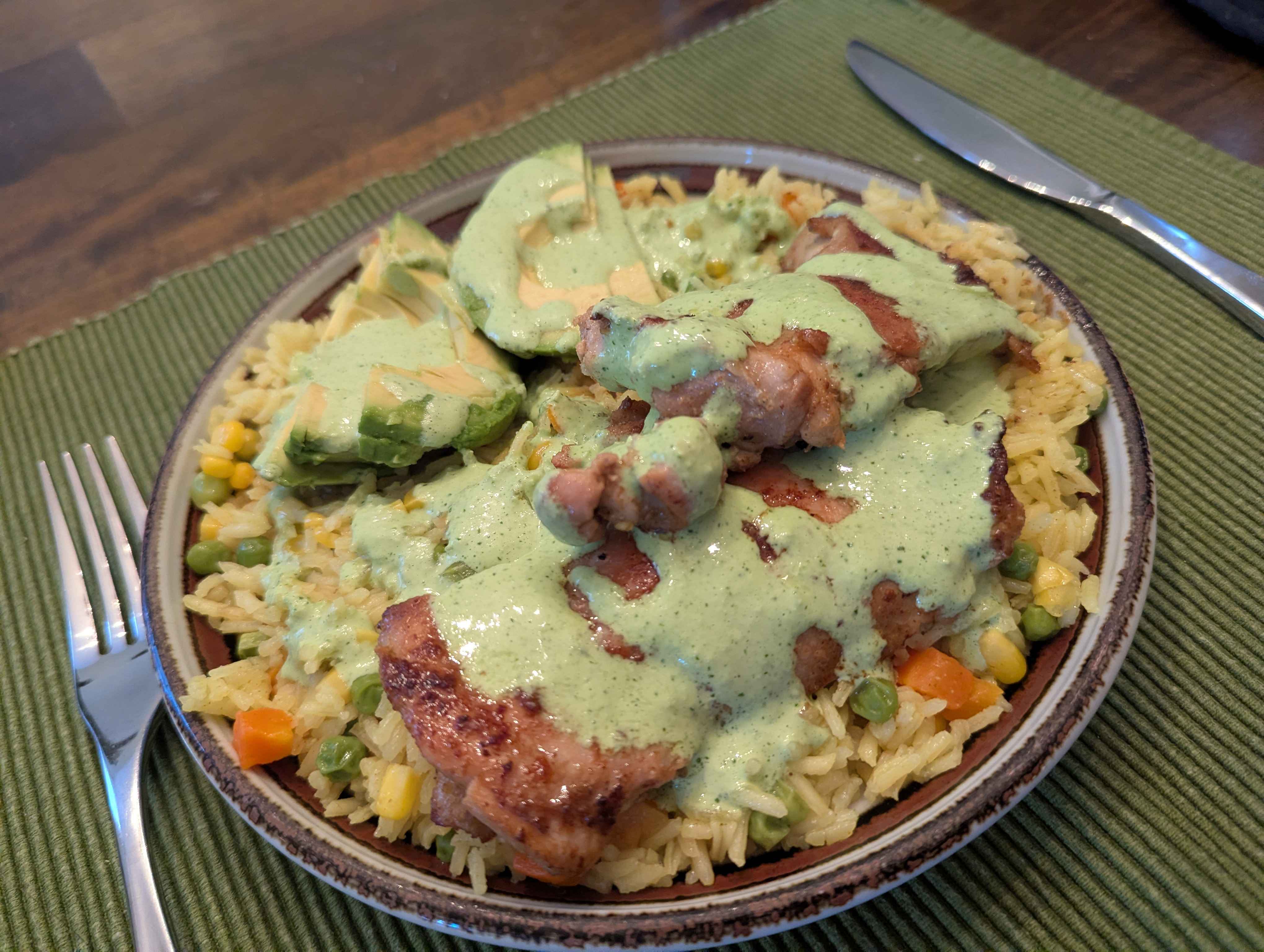 Grilled chicken rice avocado