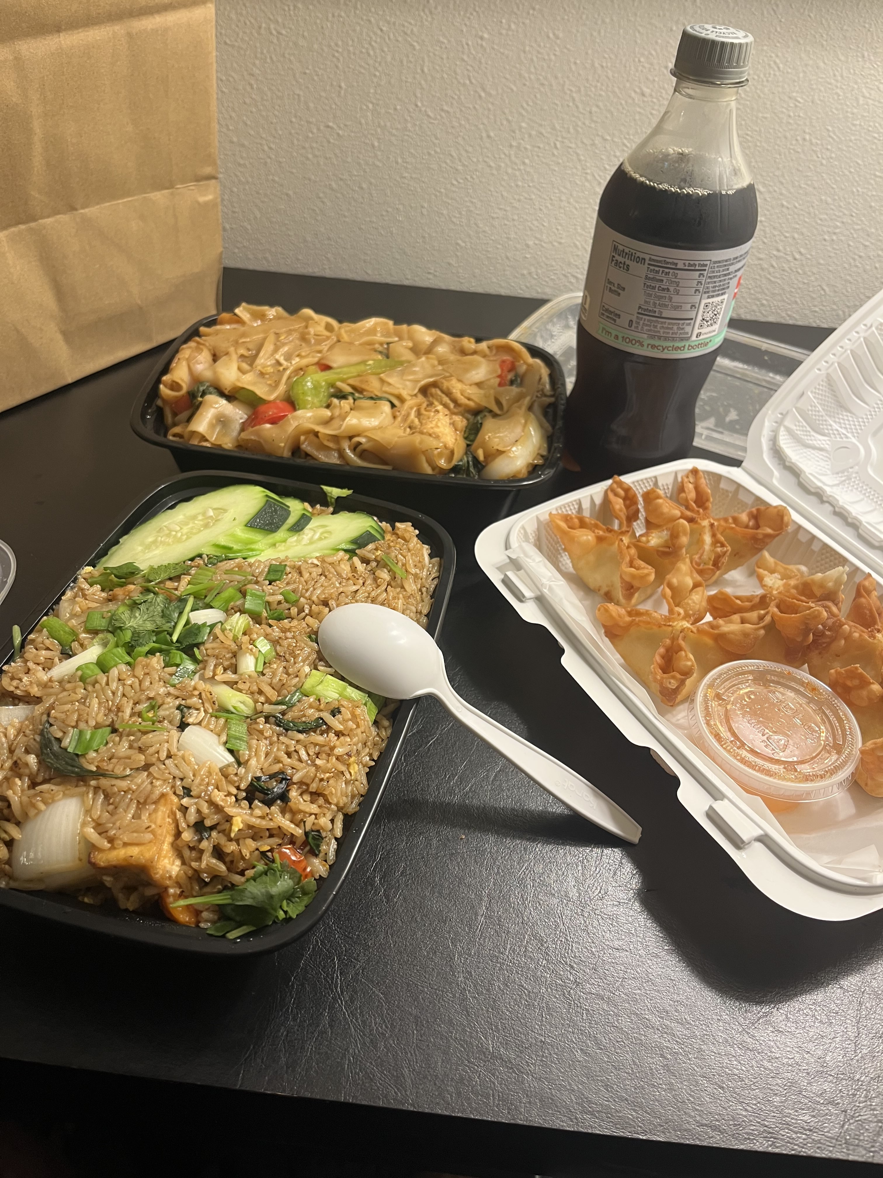 Fried rice, flat noodles, wontons