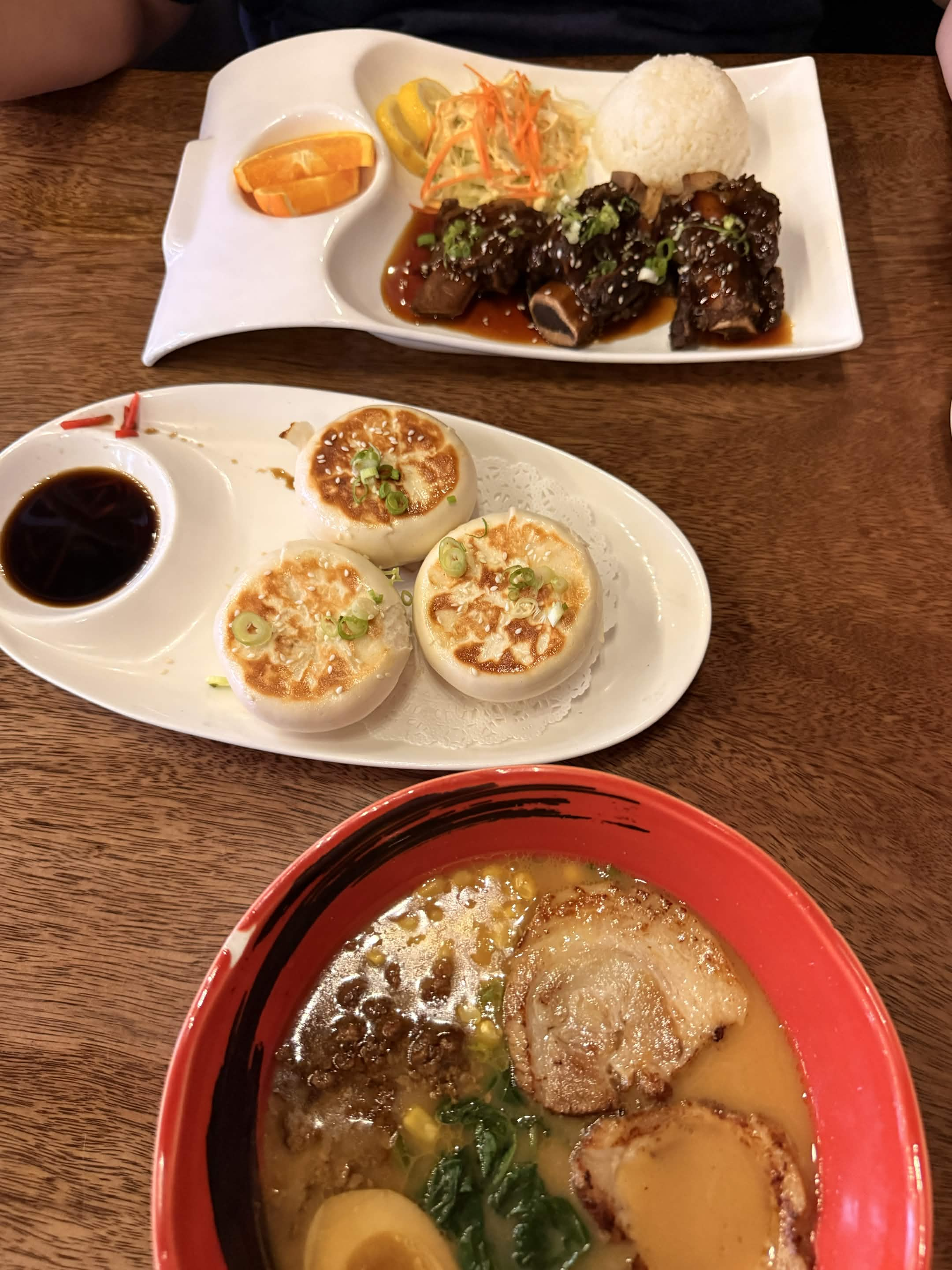 Ramen, steamed buns, beef ribs