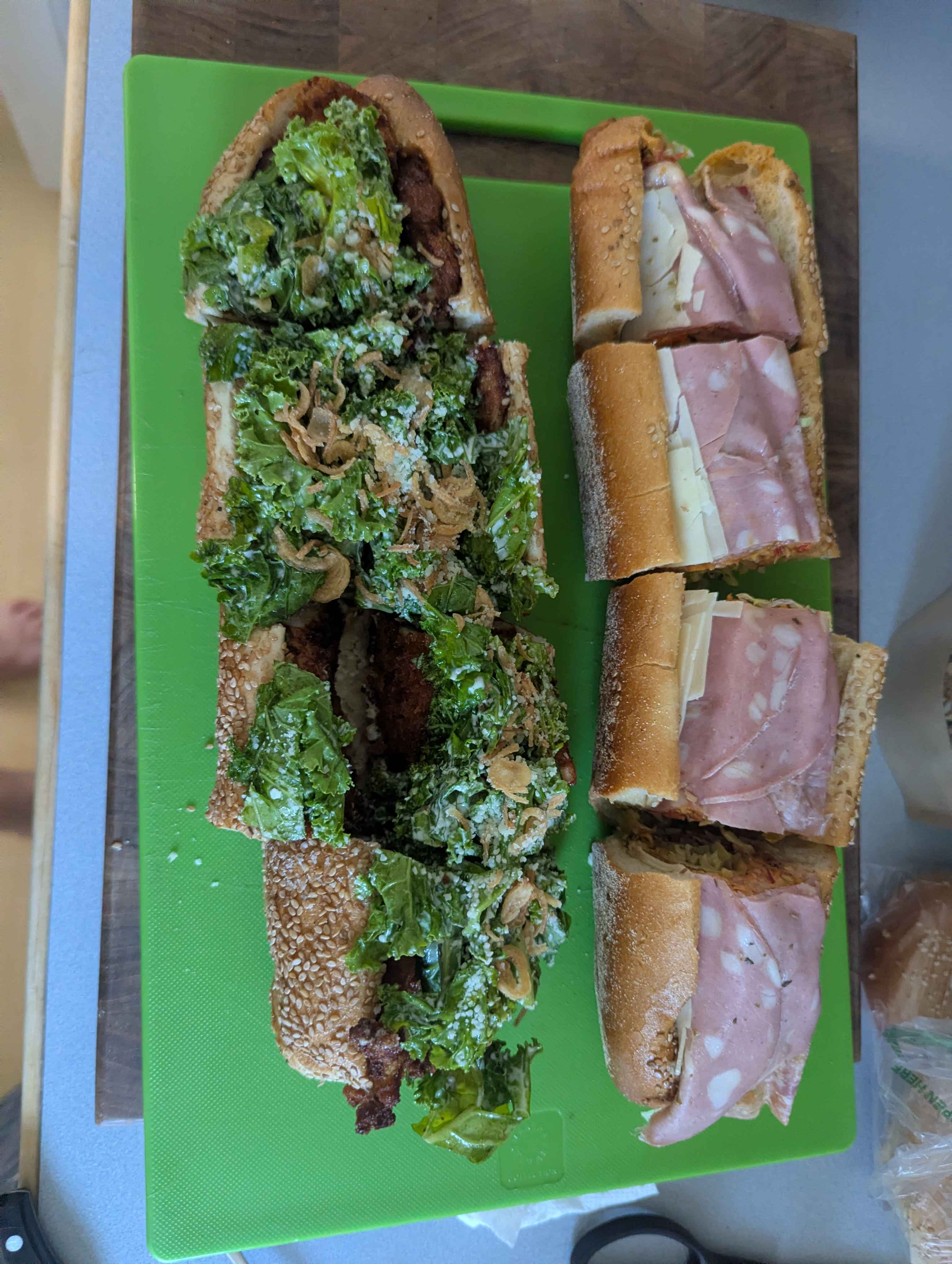 Kale sandwich and cold cuts sandwich