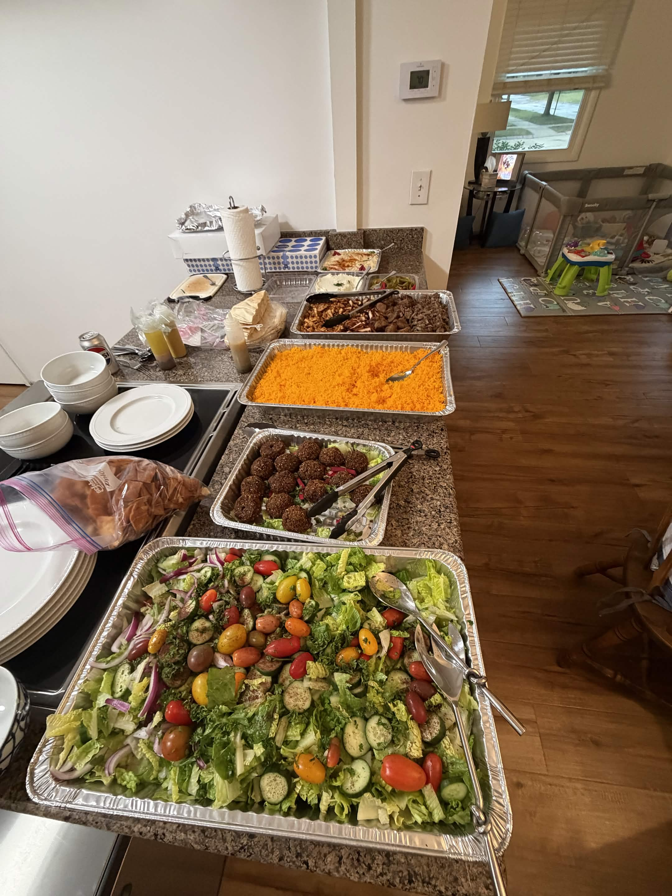 Salad, falafel, rice, grilled meat (1)