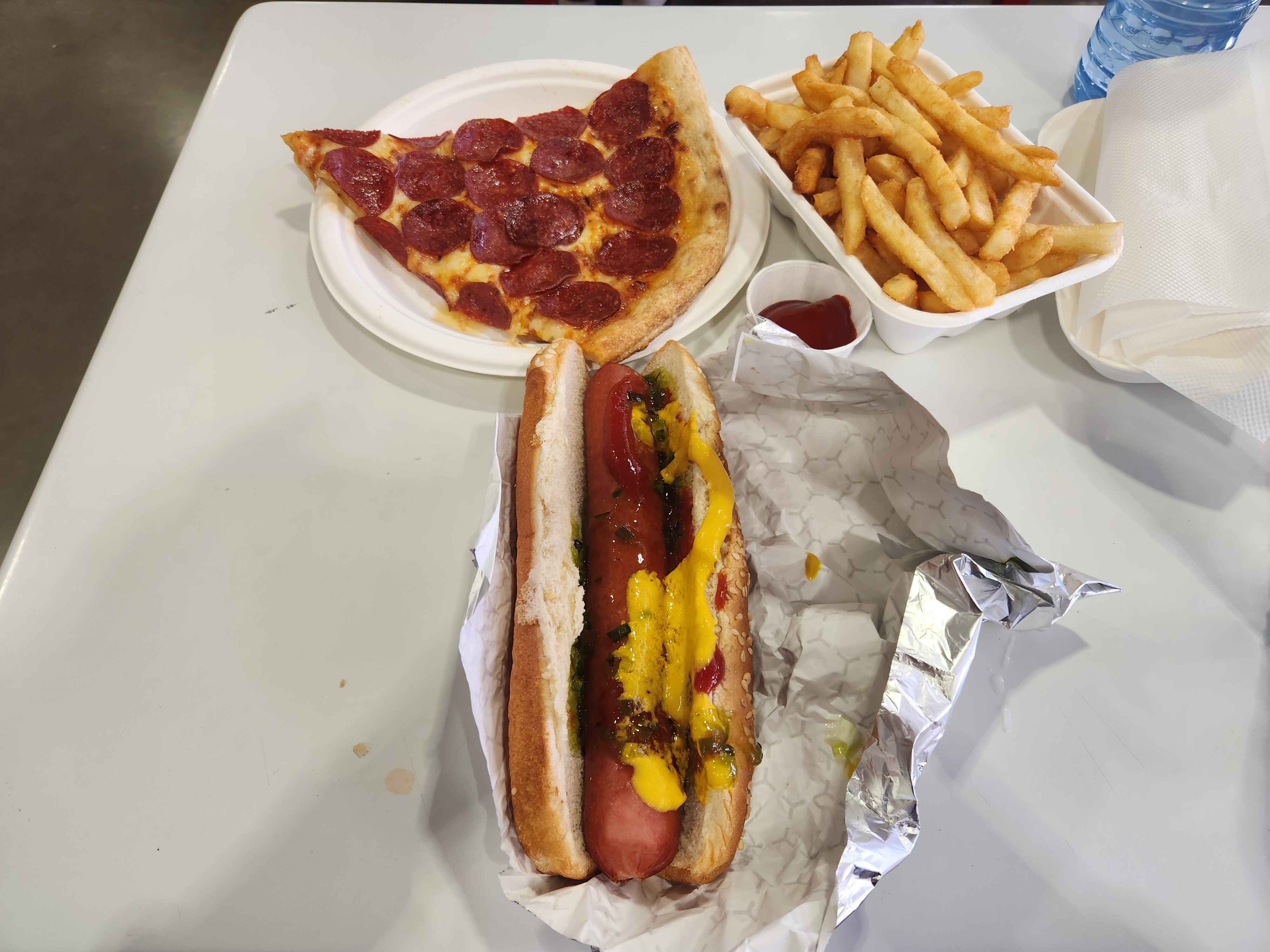 Pepperoni pizza hot dog fries