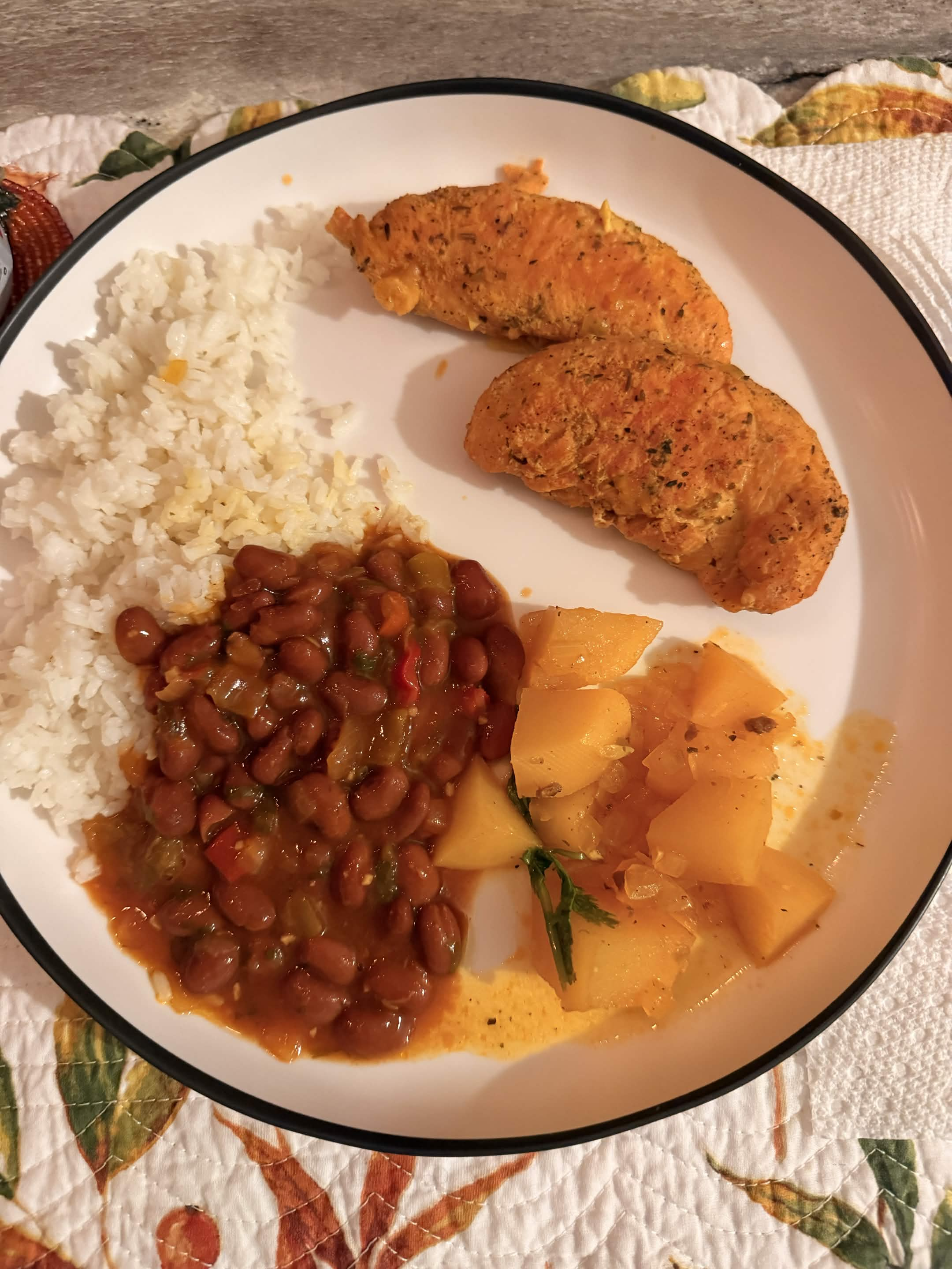 Rice, beans, chicken, potatoes