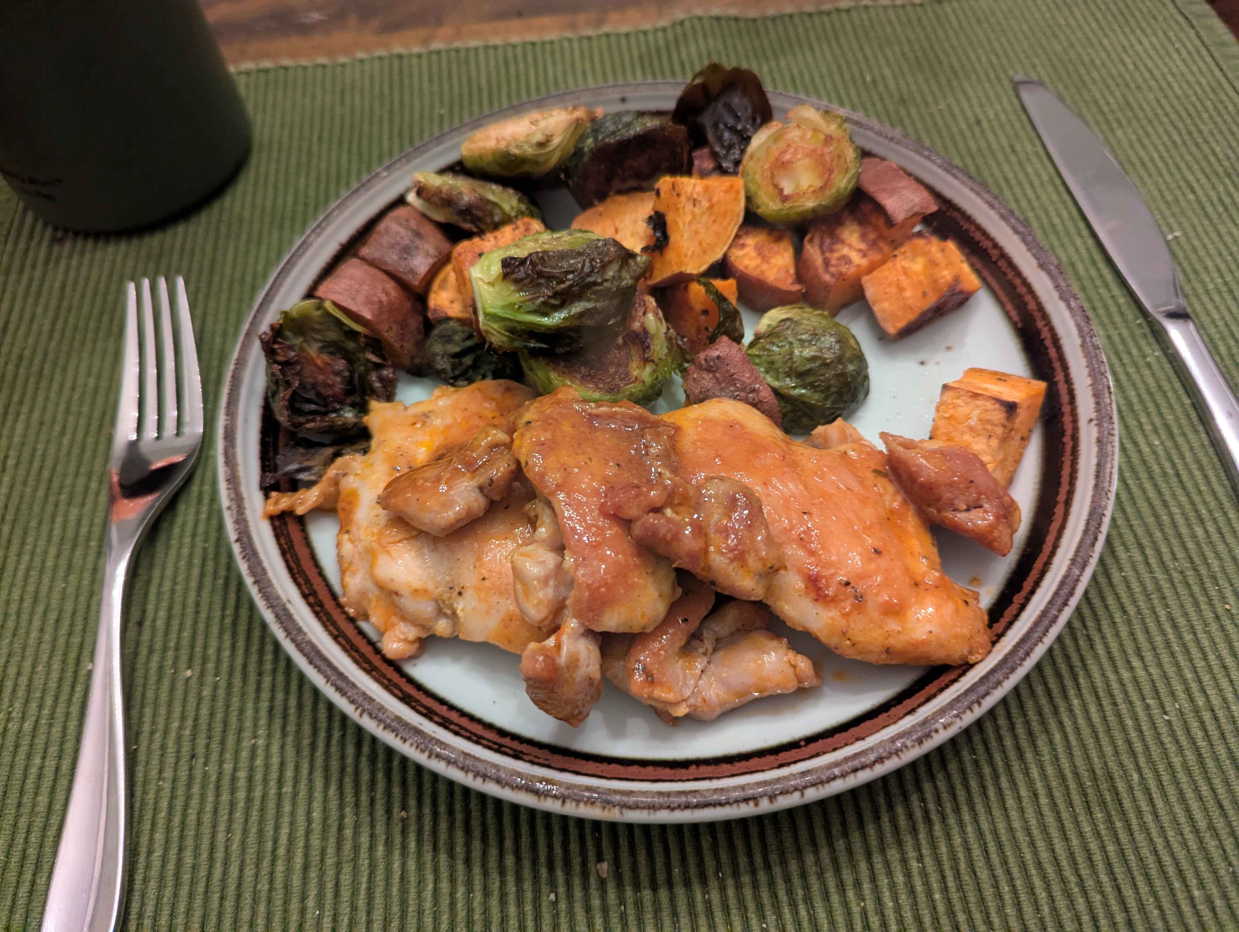 Chicken with sweet potatoes and Brussels sprouts