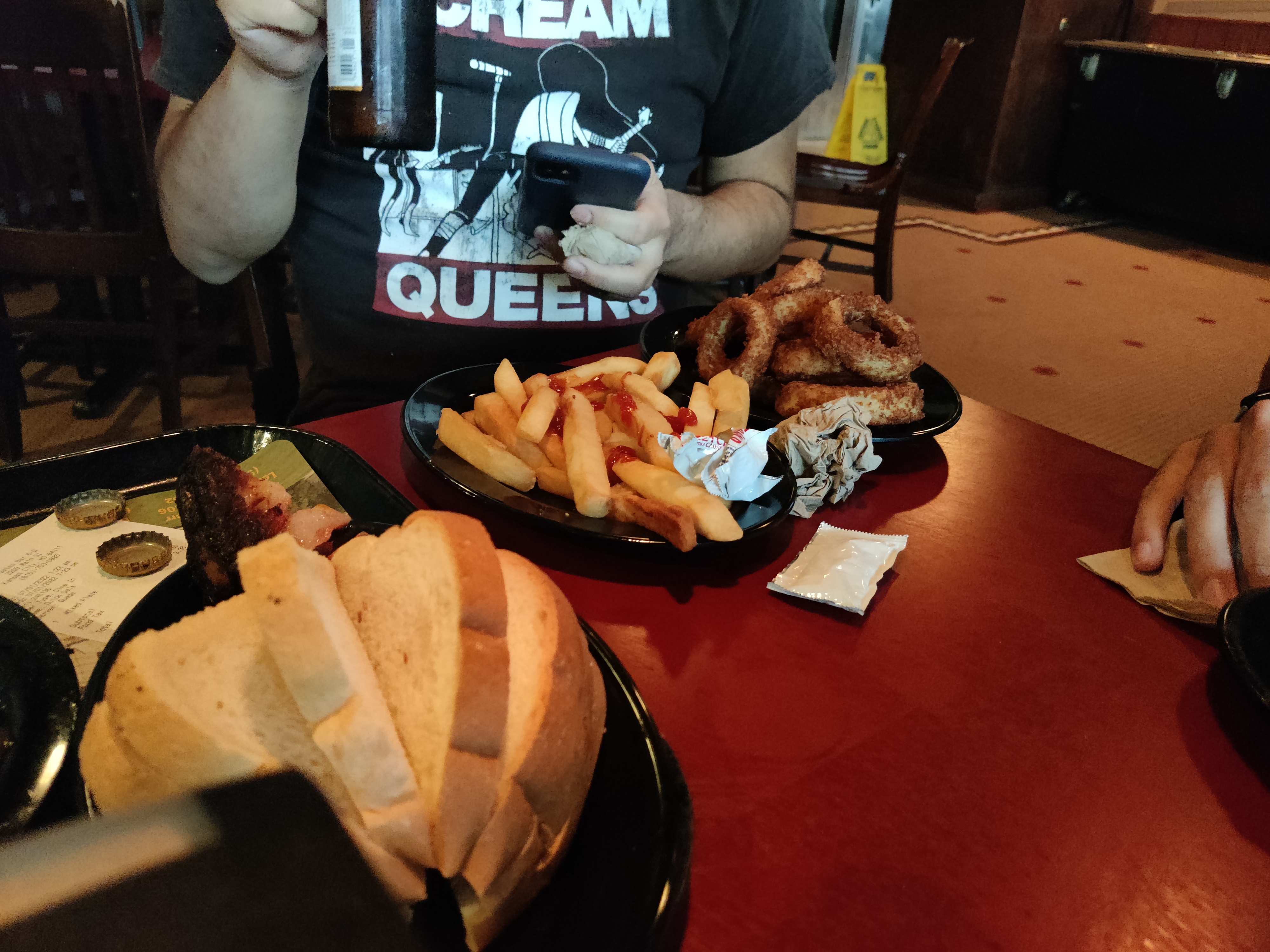 Fries onion rings bread